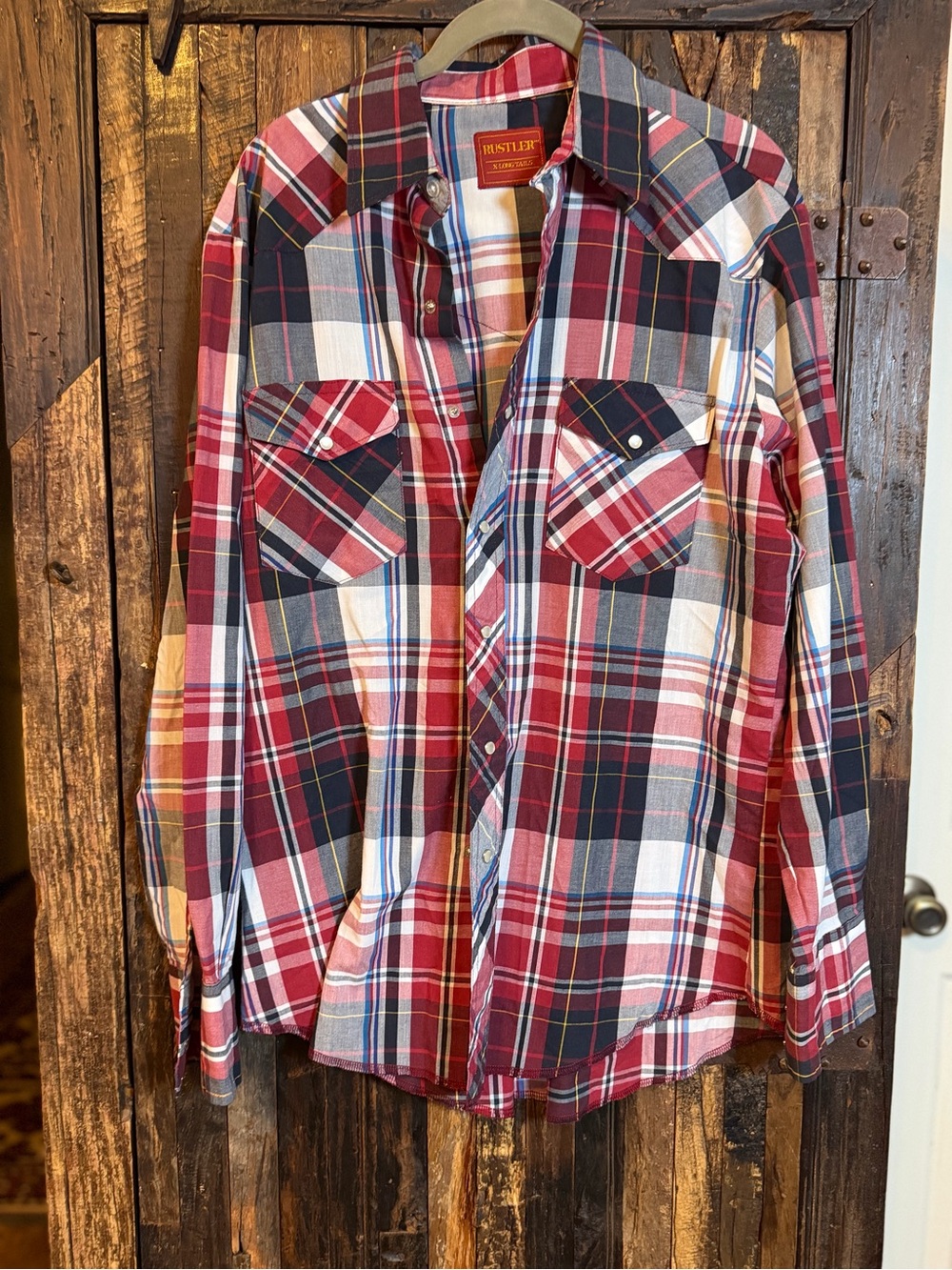 Vintage Rustler X-Long Tails Western Pearl Snap Shirt Plaid Red Navy Men’s M